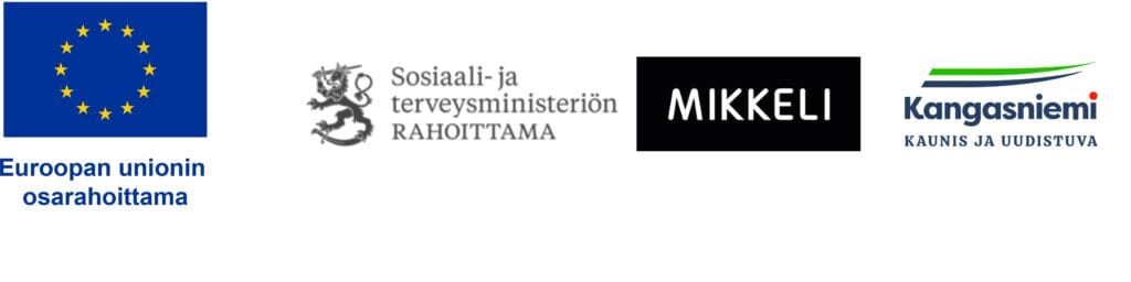Rahoittajien logot: Euroopan unionin osarahoittama, sosiaali-ja terveysministeriön rahoittama, Mikkelin kaupunki ja Kangasniemen kaupunki.